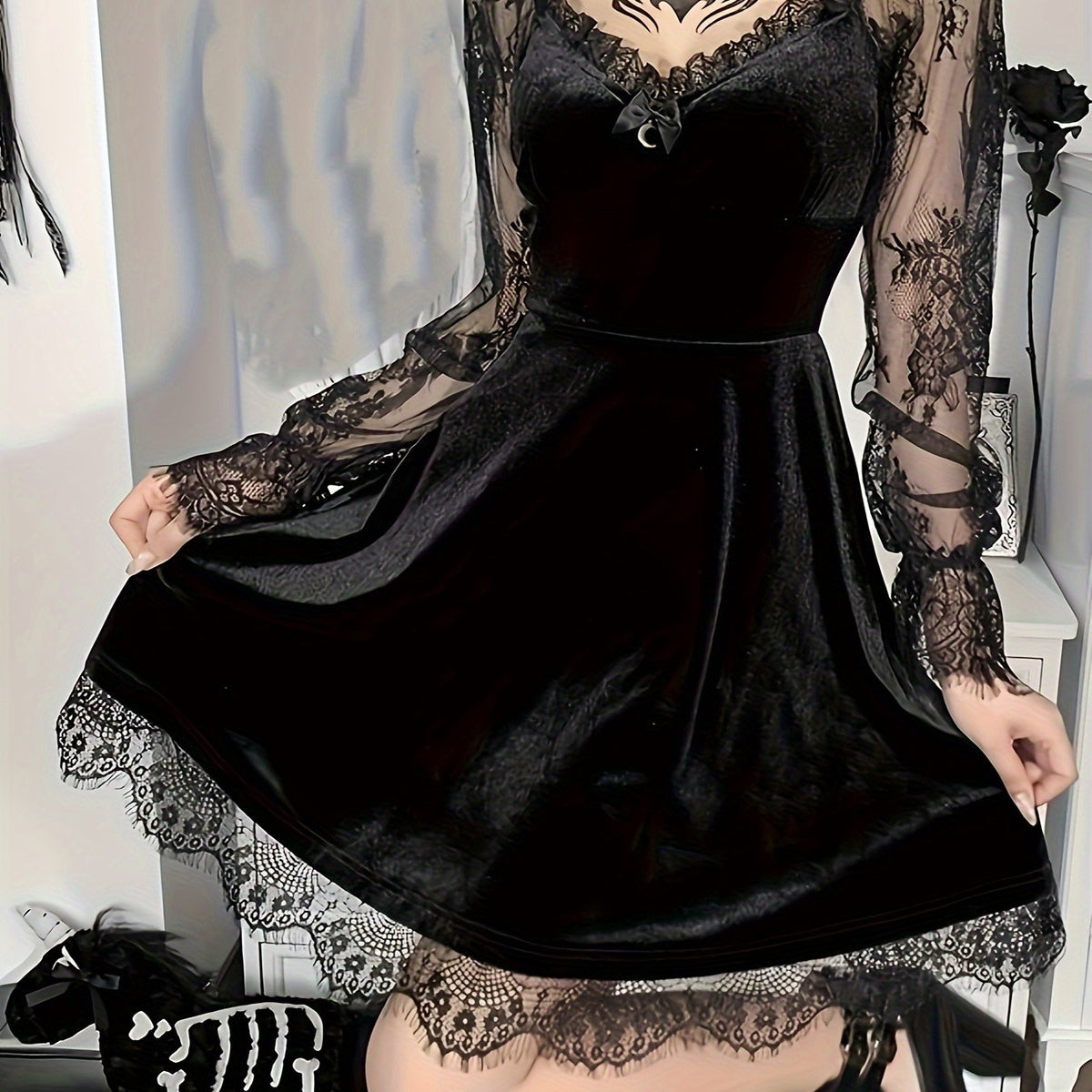 Gothic Velvet Boat-Neck Dress with Lace Hourglass Sleeves