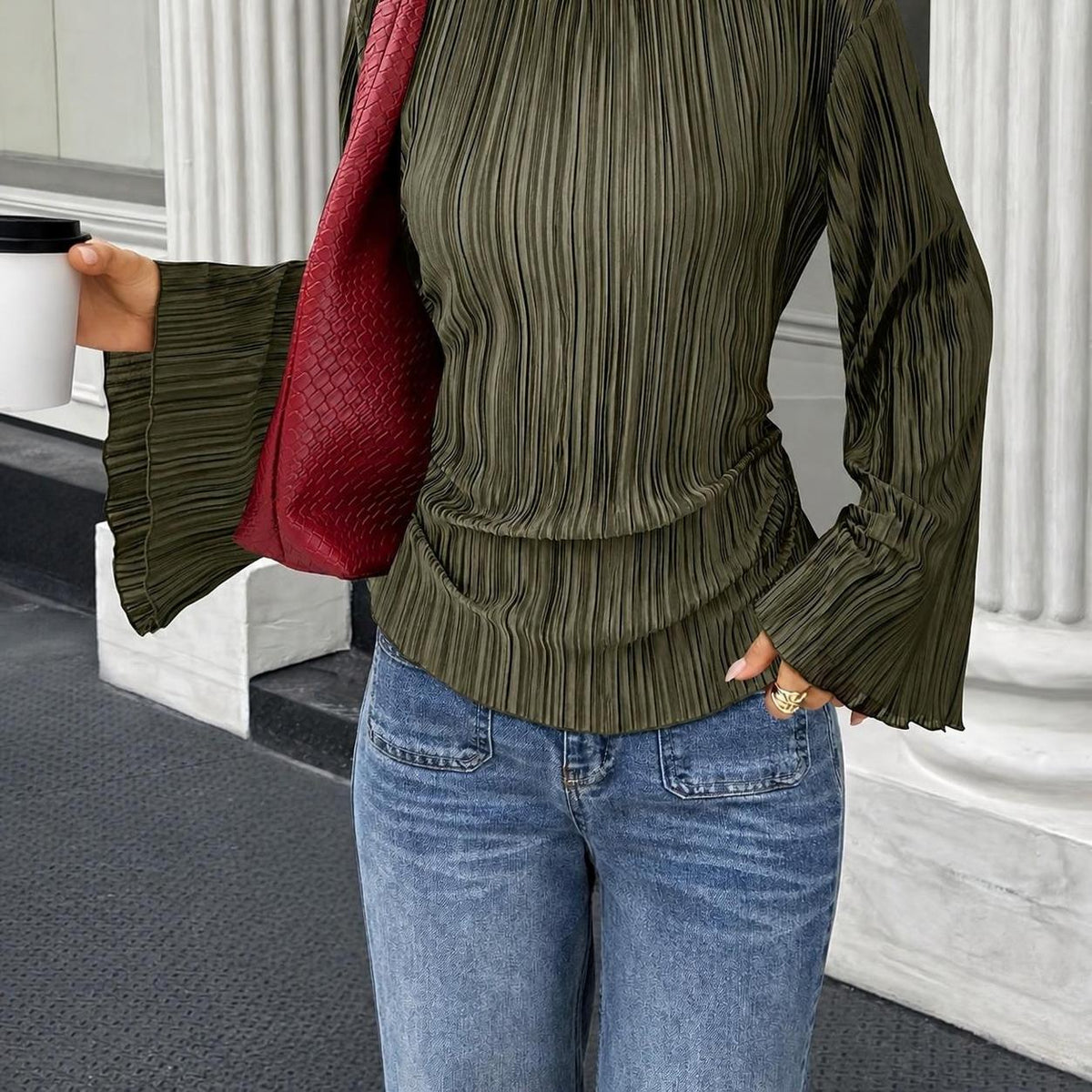 European/American Women's Blouse — Round Neck & Flared Sleeves