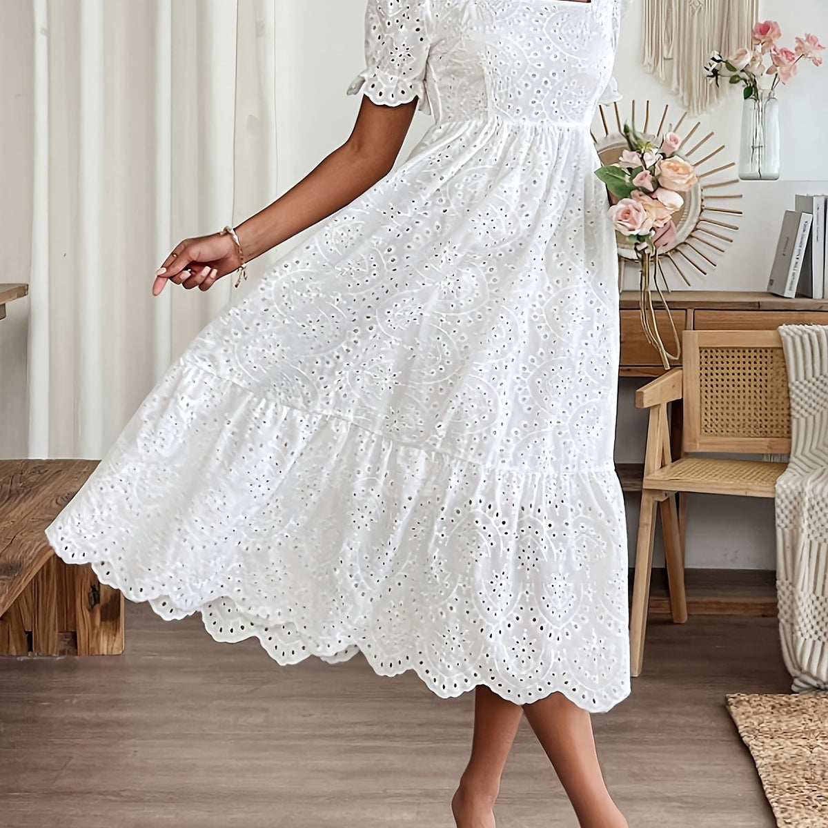 White Elegant Women's V-Neck Embroidered Maxi Dress