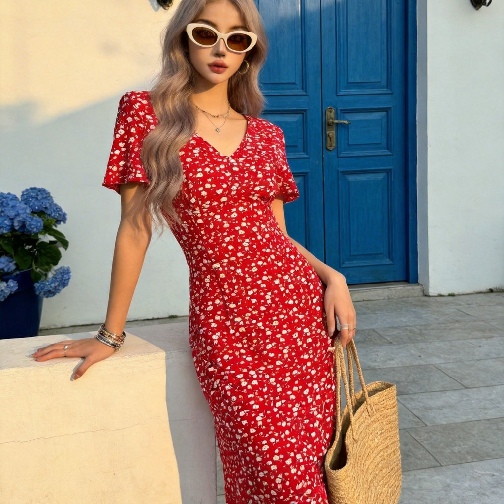 Red Floral V-Neck Dress