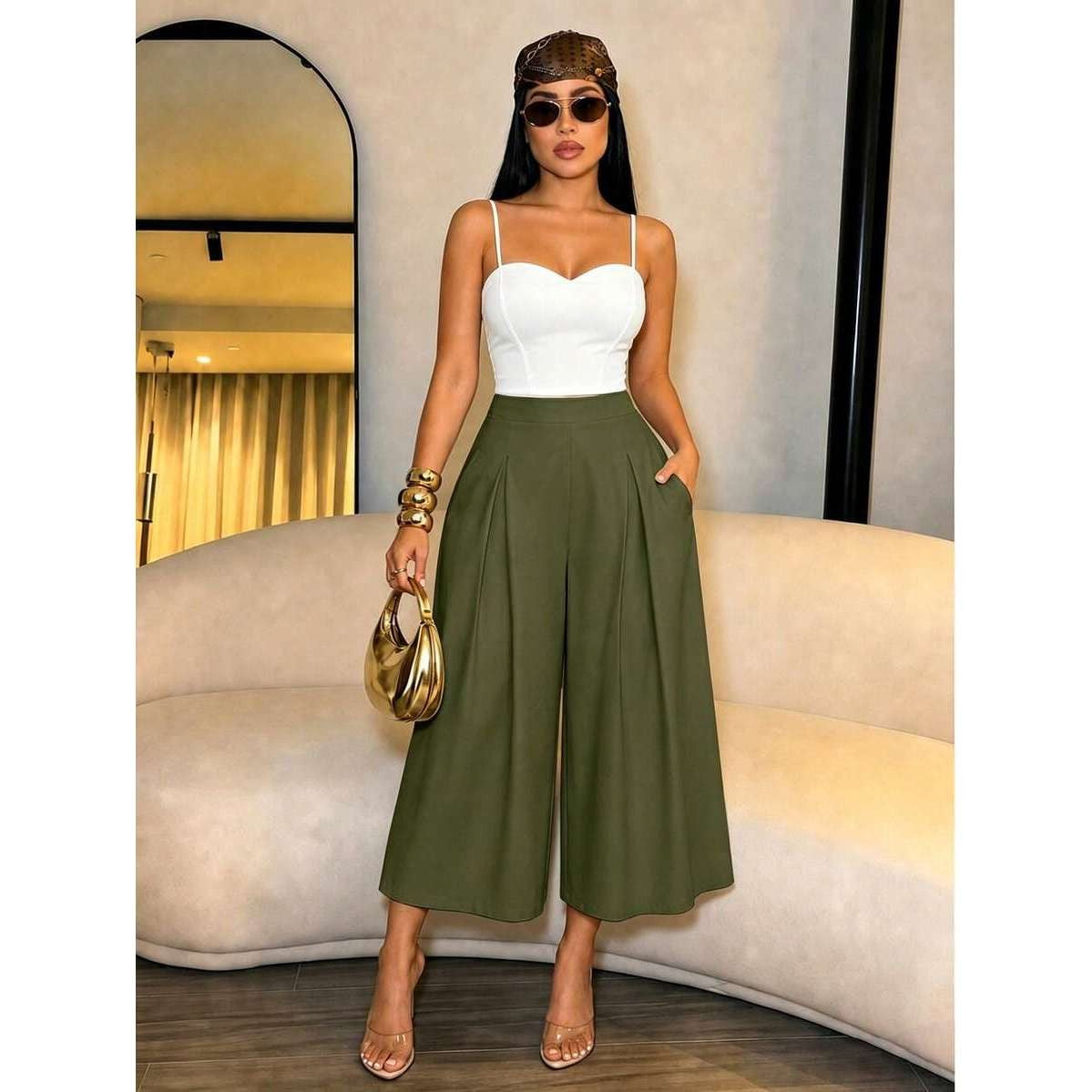 Women's High-Waist Pleated Wide-Leg Shorts with Pockets