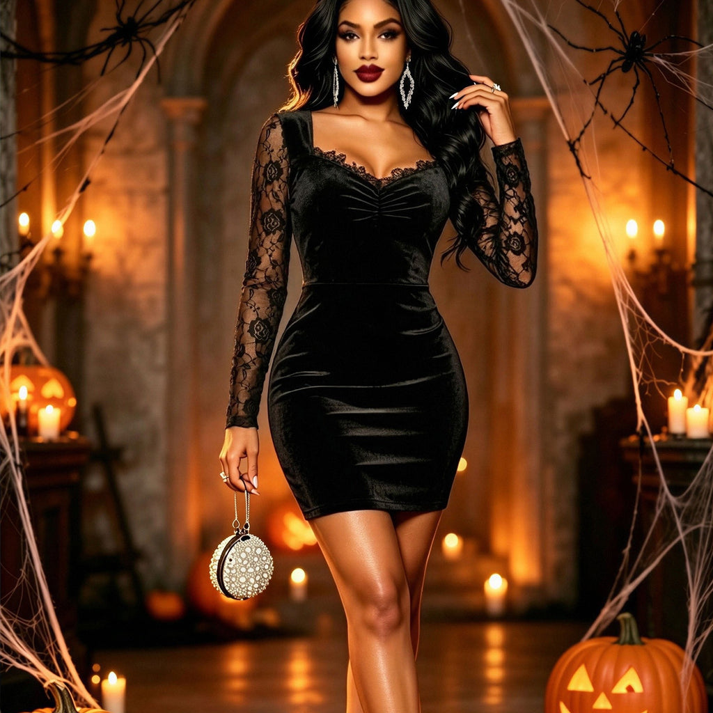 Velvet Lace Overlay Bodycon Mini Dress