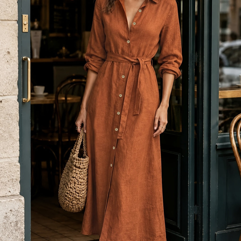 French Lapel Tie-Waist Shirt Dress, Mid-Length A-line