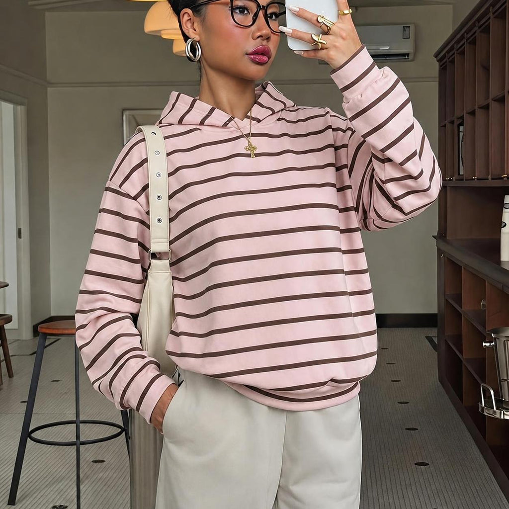 Women's Sporty Striped Hooded Sweatshirt, Loose Fit