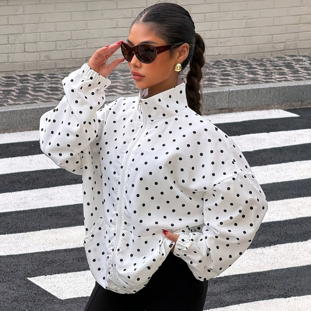 White Polka Dot Jacket – High Neck, Zipper, Loose Fit