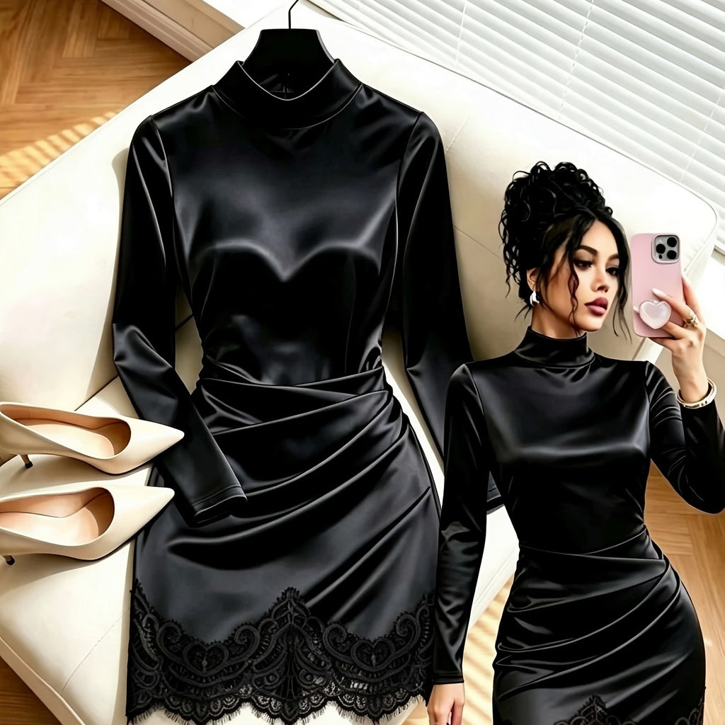 Solid Satin Women's Dress with Lace Hem and Stand Collar