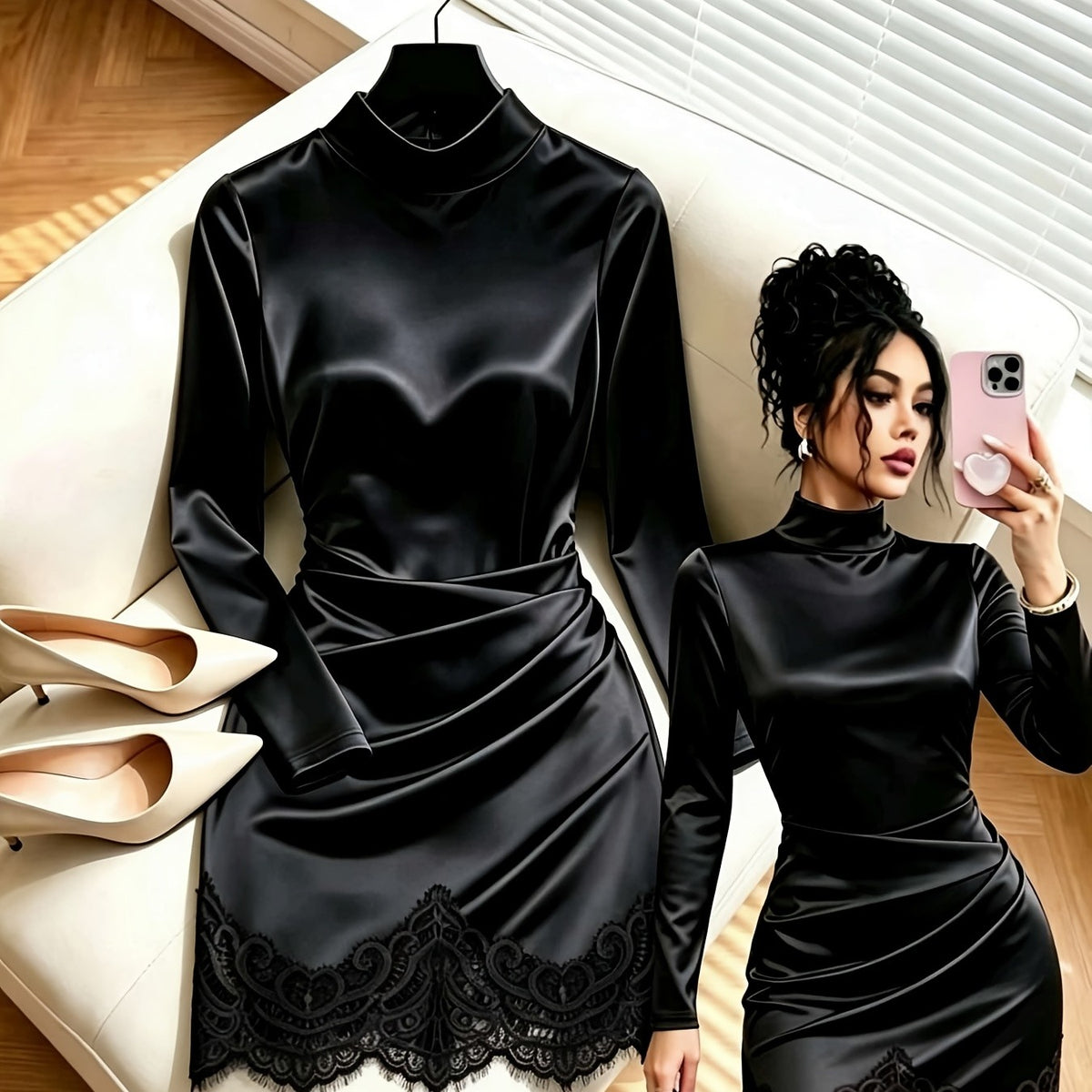 Solid Satin Women's Dress with Lace Hem and Stand Collar