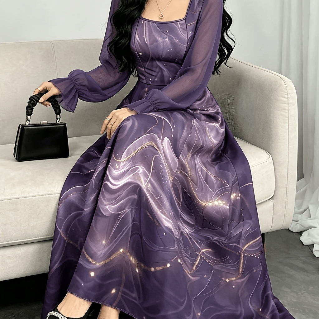 Elegant Flared Long-Sleeve Printed Dress for Spring/Autumn