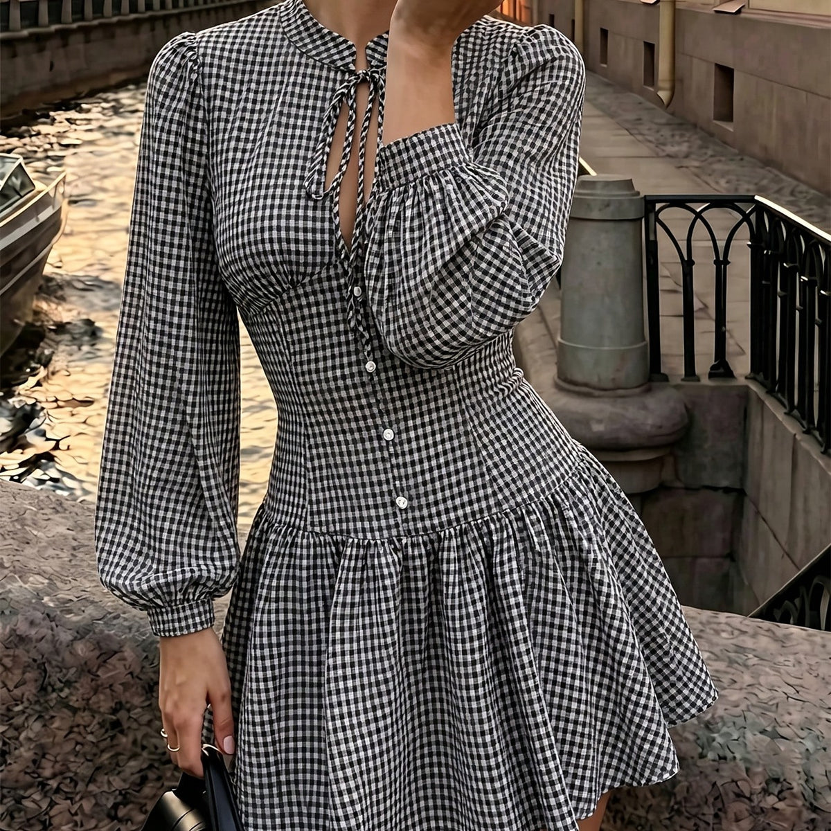 Autumn Checked Tie-Front Mini Dress with Petal Sleeves