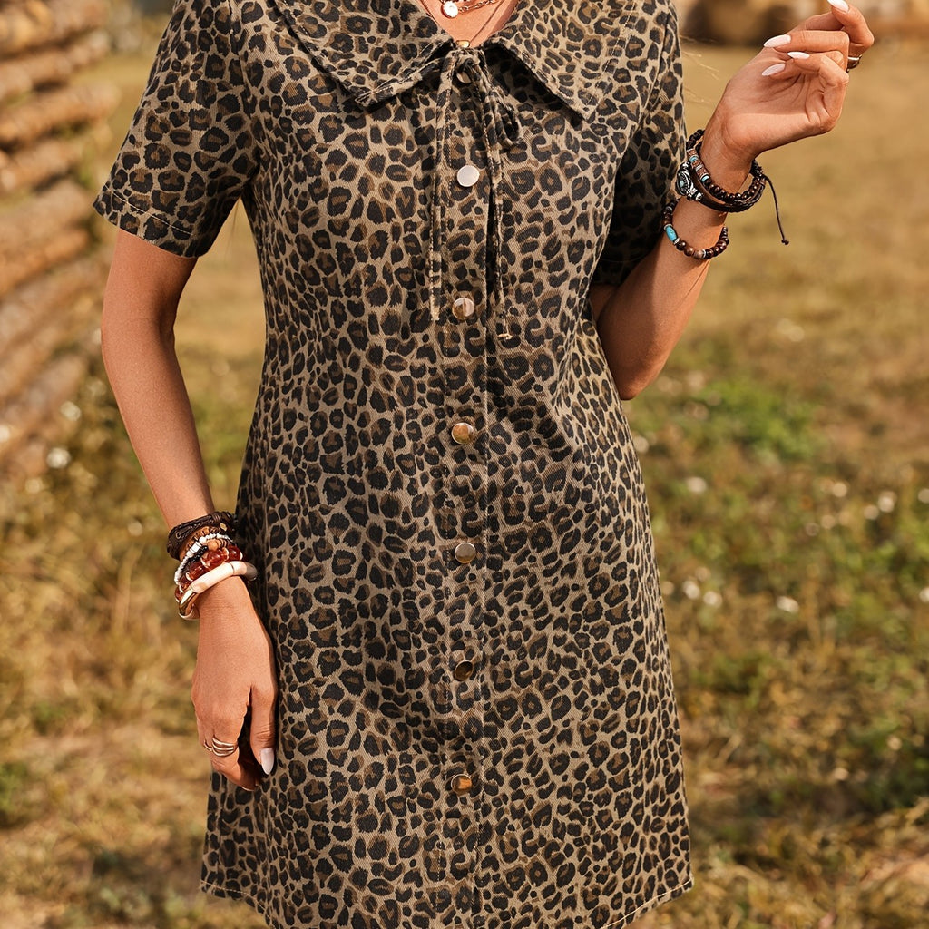 Women's Short-Sleeve Leopard Print Mid-Length Denim Dress
