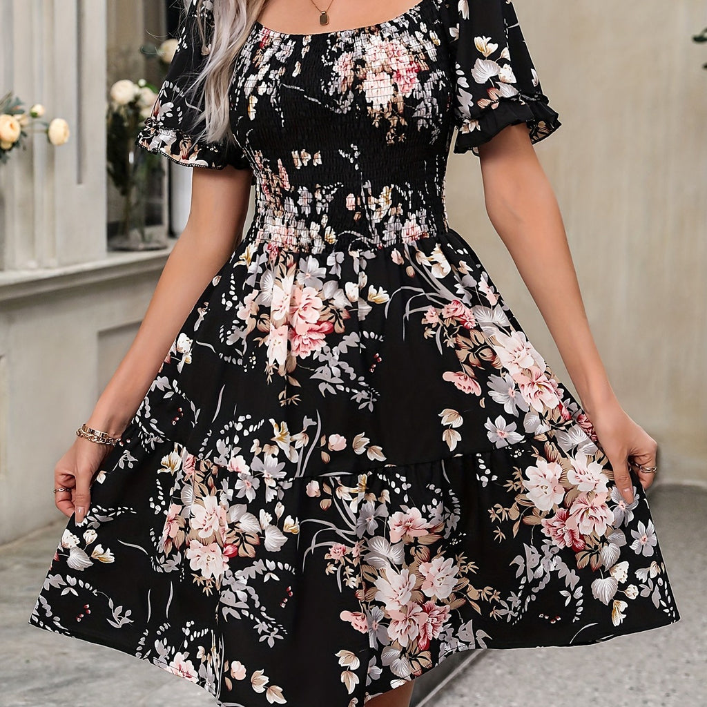 Women's Floral Print Dress with Square Neckline and Ruffles