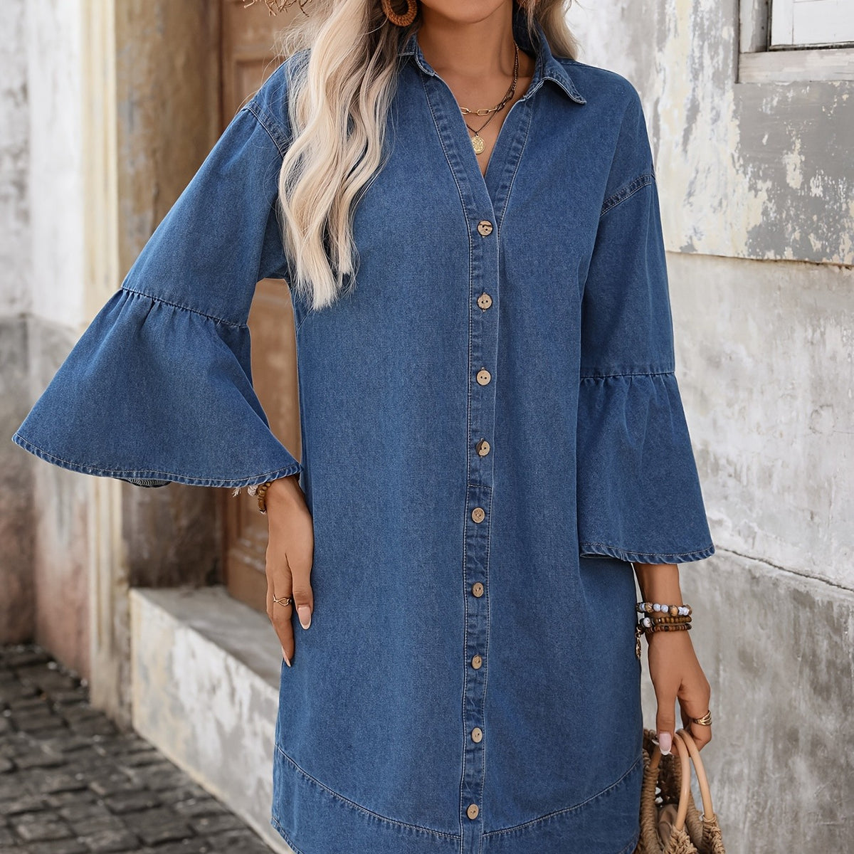 Women's Mid-Length Casual Denim Dress with Dropped Shoulders