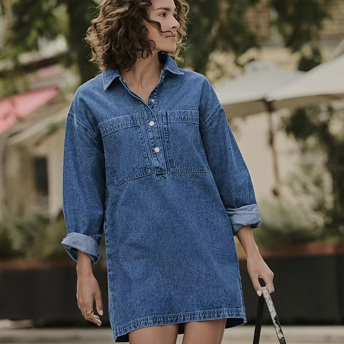 French-Inspired Denim Shirt Dress, Loose Fit, Long Sleeves