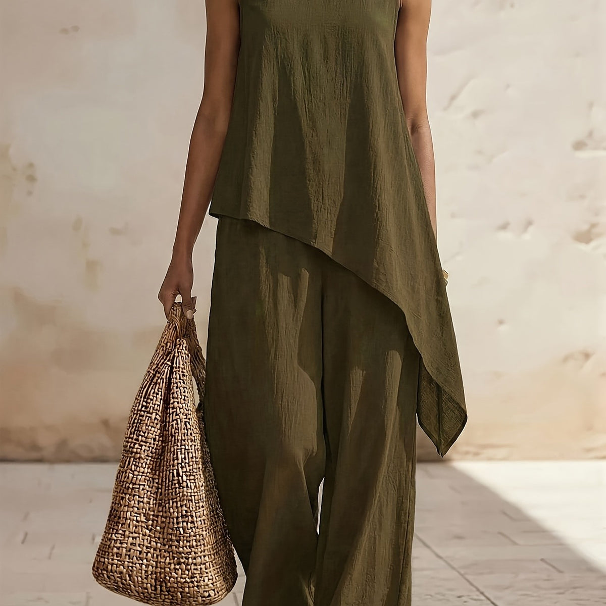 Relaxed 2-piece sleeveless set with high-waist wide pants