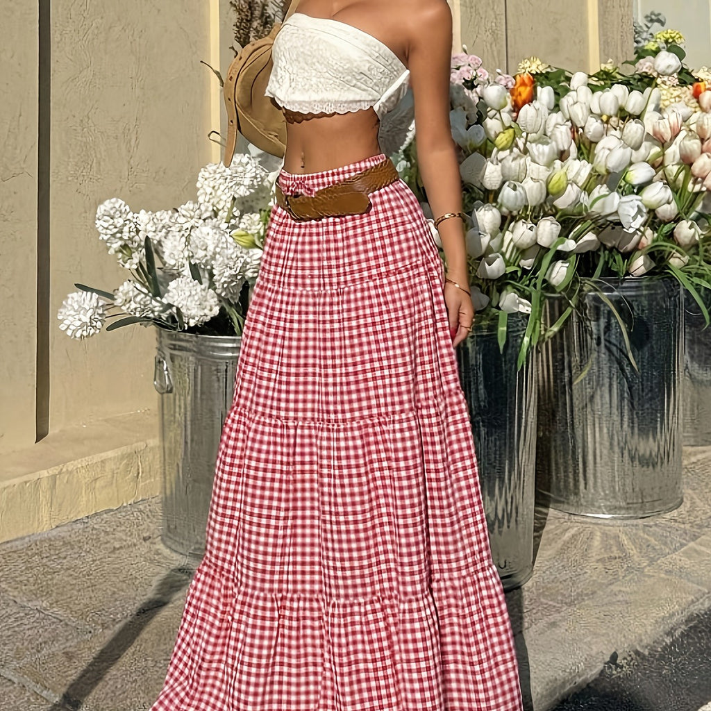 Women's Red & White Checked Bohemian High-Waist Maxi Dress