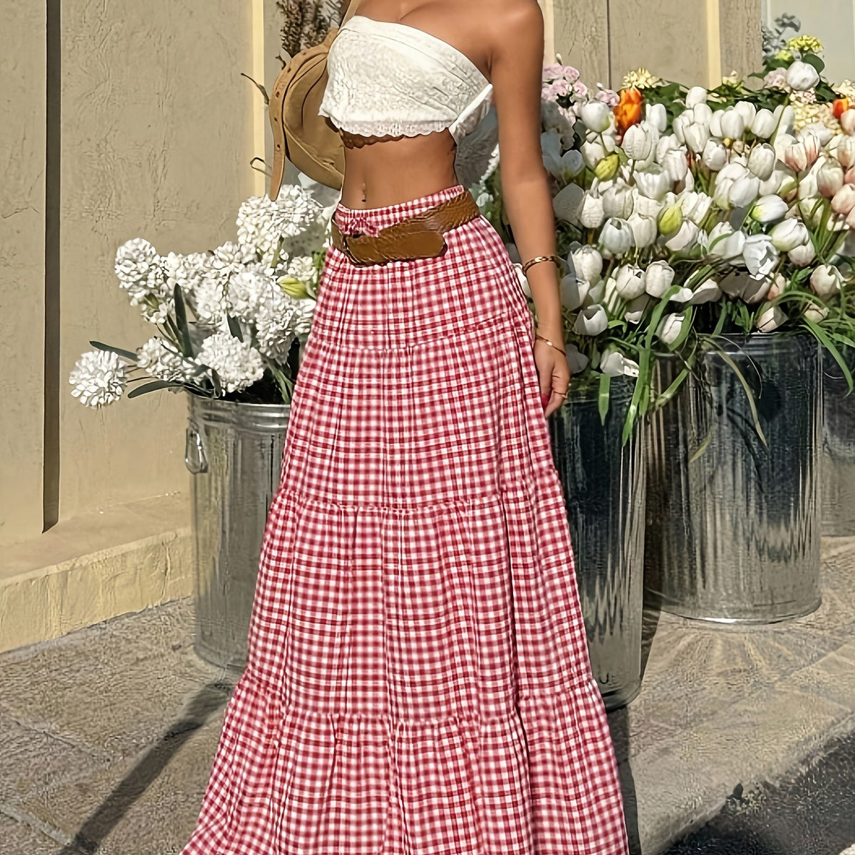 Women's Red & White Checked Bohemian High-Waist Maxi Dress