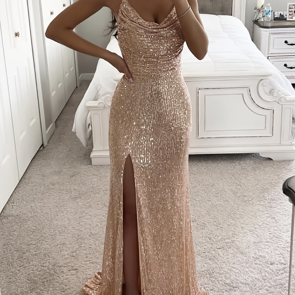 Women's Sequin Spaghetti-Strap Halter Backless Waist Dress