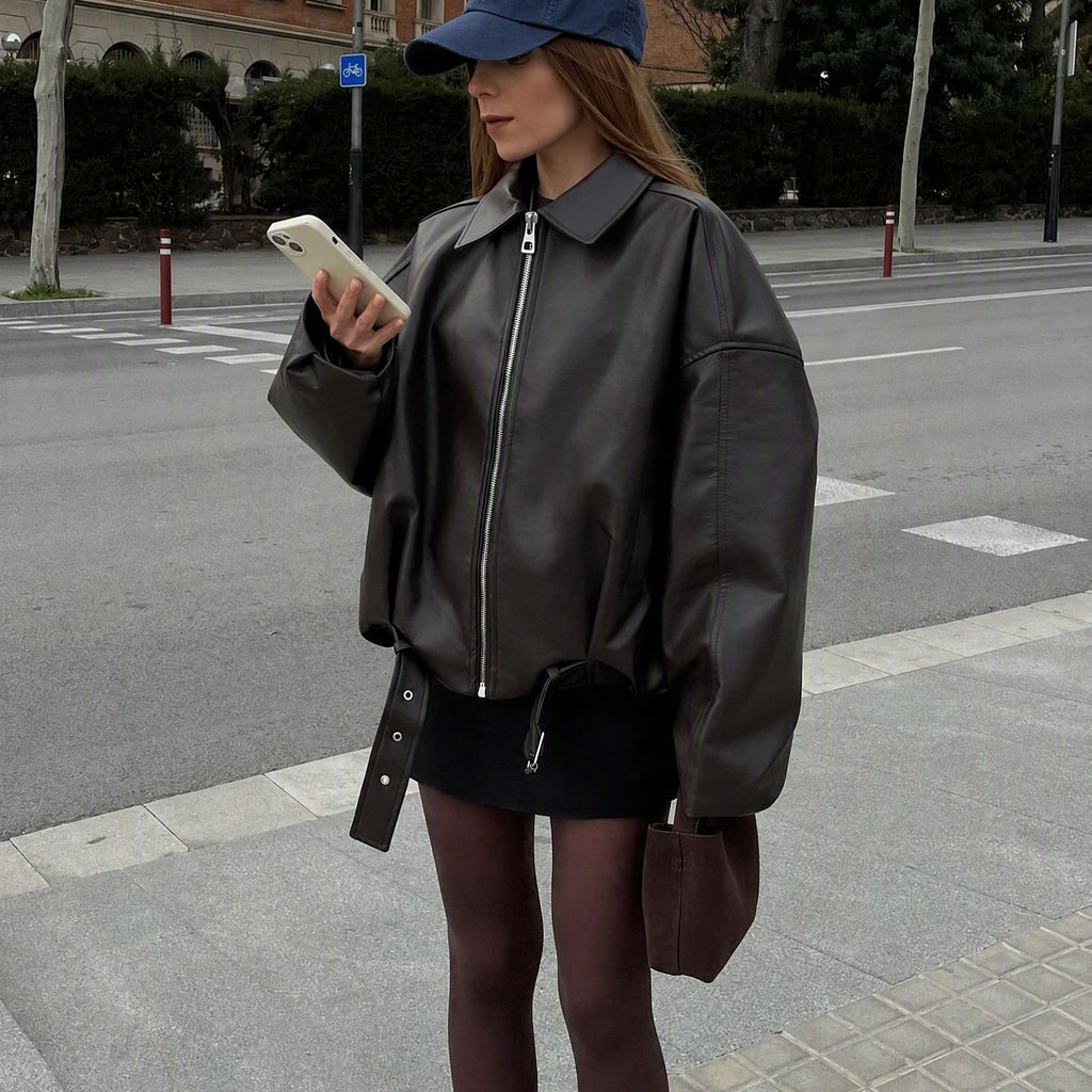 Women's Vintage Cropped Jacket with Lapel and Zipper