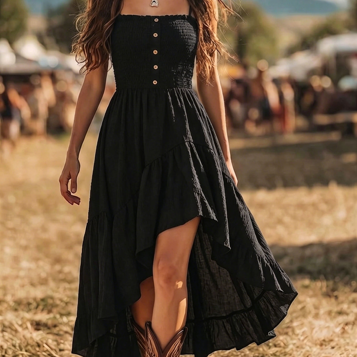Boho Ruffle Cami Dress with Asymmetric Hem