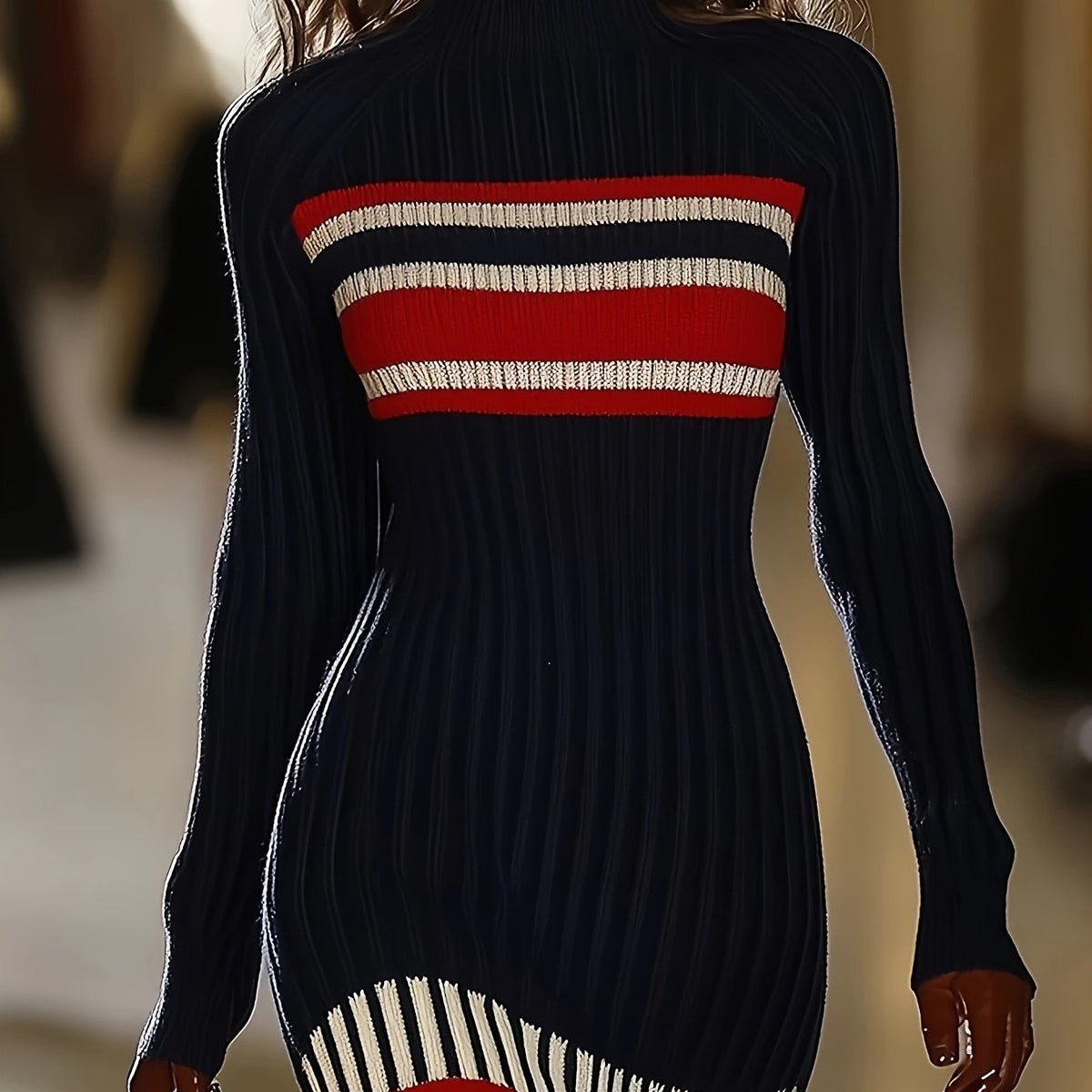 Striped Turtleneck Long-Sleeve Dress - Slim Fit