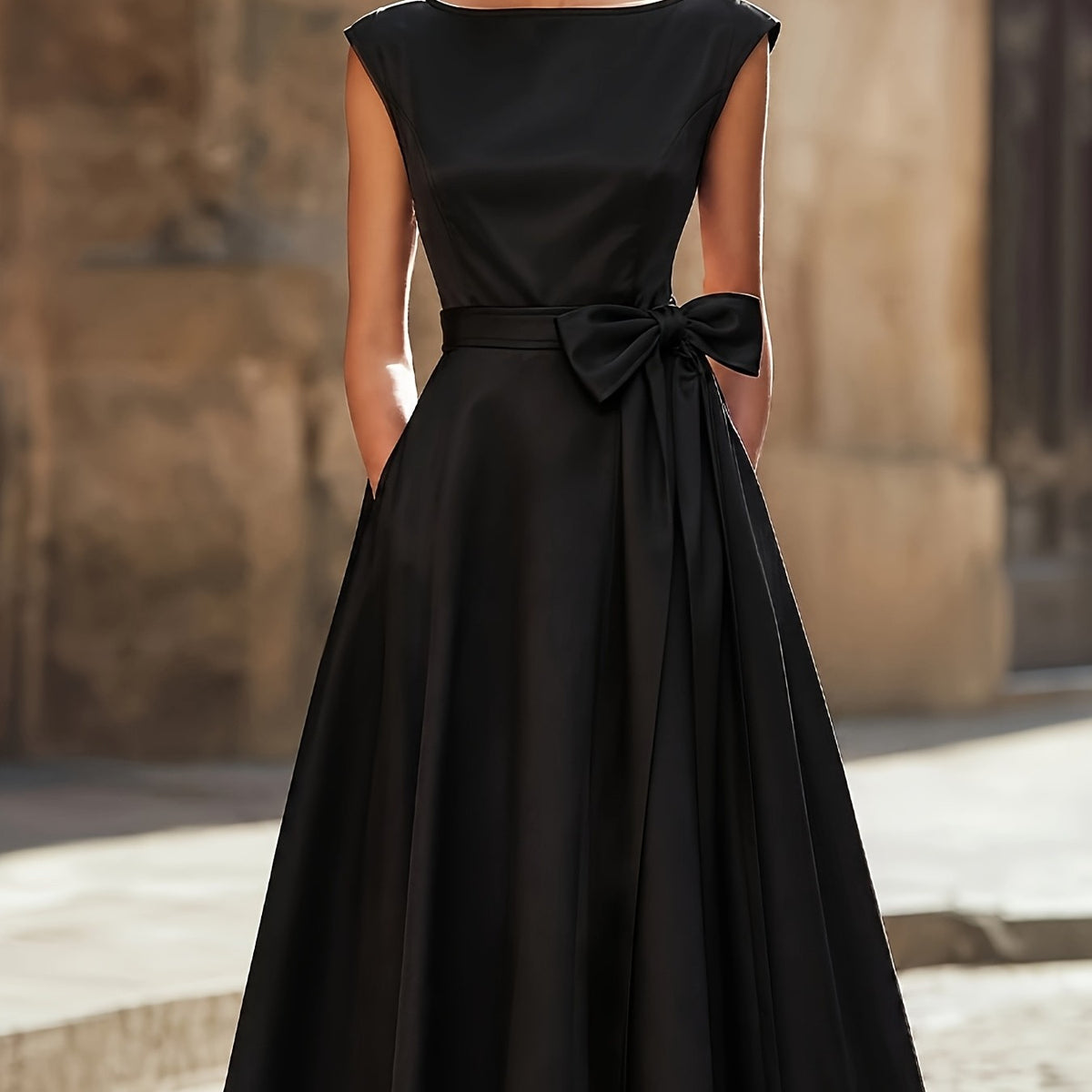 Retro Black Mid-Length A-Line Boatneck Dress