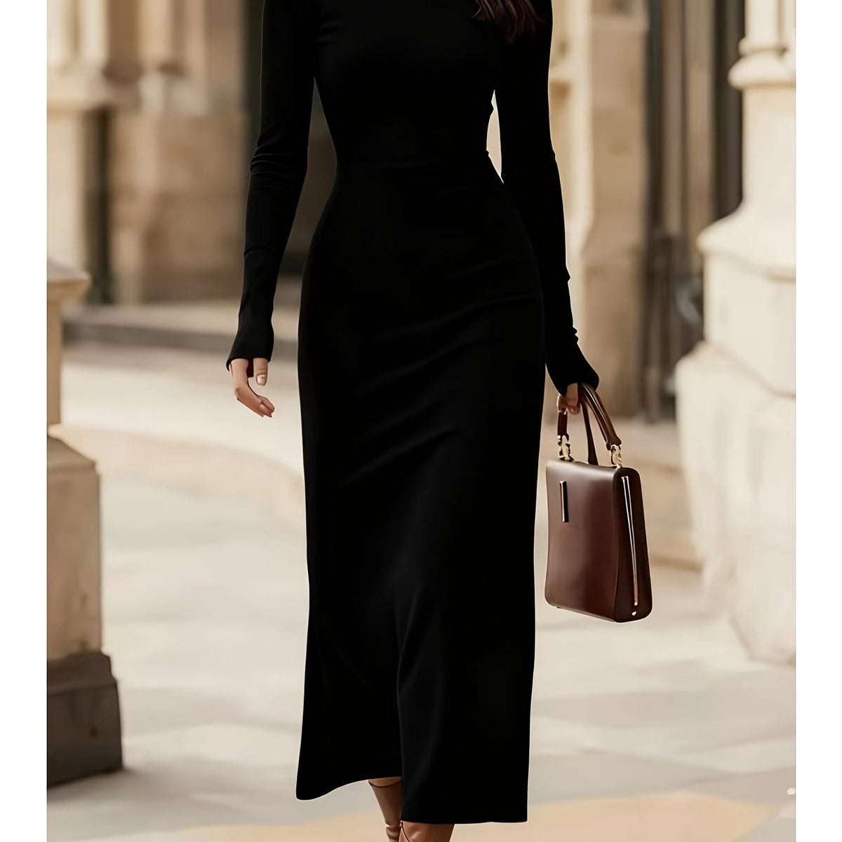 Elegant long fitted dress with high neckline for evening events