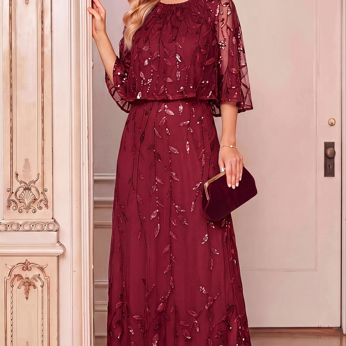 Women's Sequin Embroidered Mesh Maxi Dress with Ruffle Sleeves
