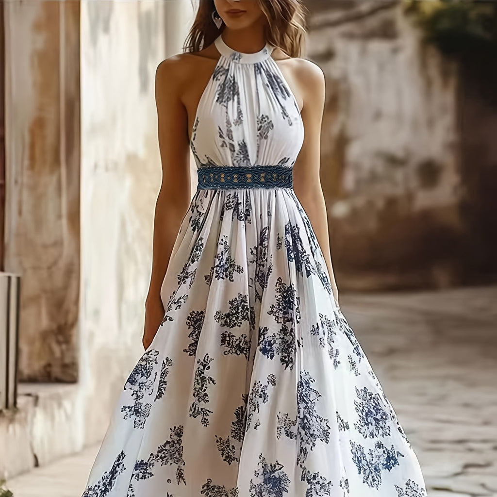 Elegant Off-Shoulder White Floral Velvet-Trim Maxi Dress