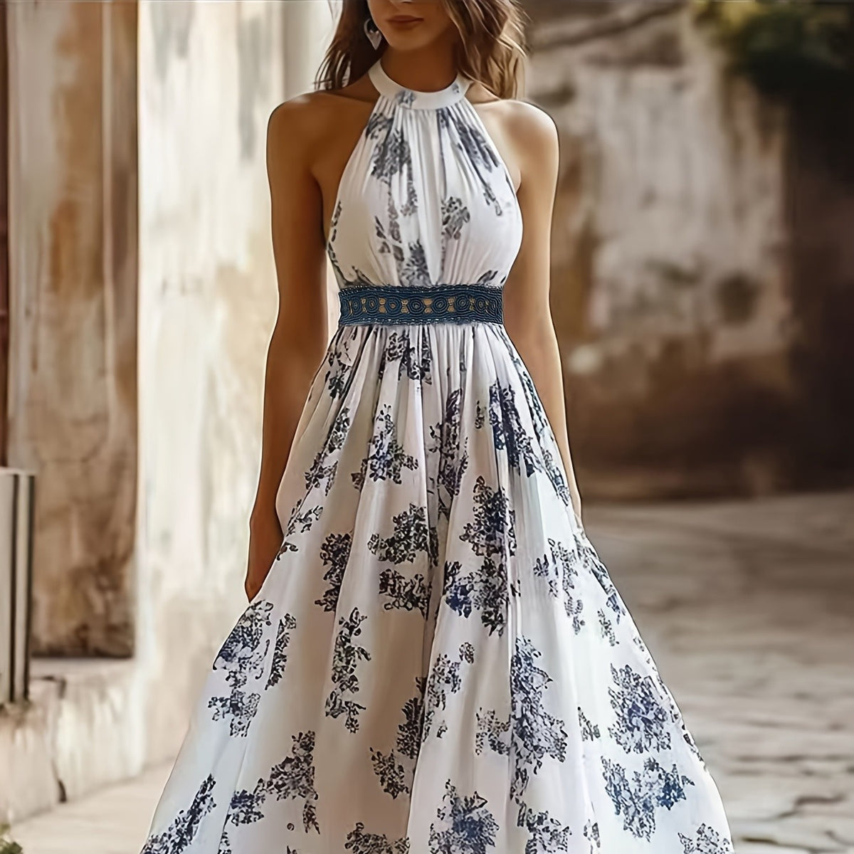 Elegant Off-Shoulder White Floral Velvet-Trim Maxi Dress