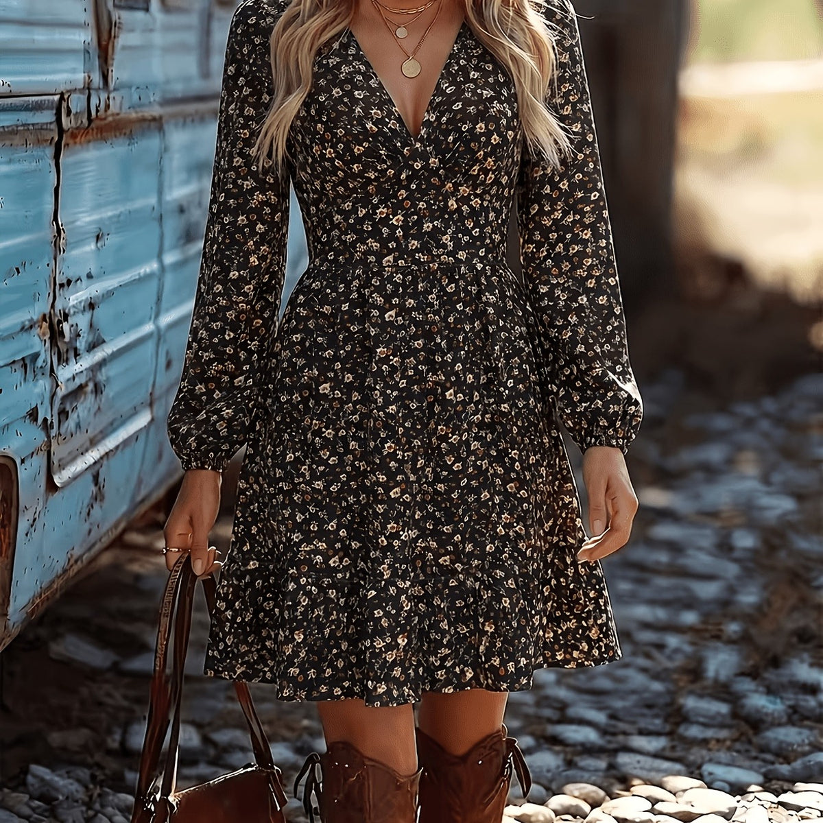 Women's V-neck Long-Sleeve Floral Dress