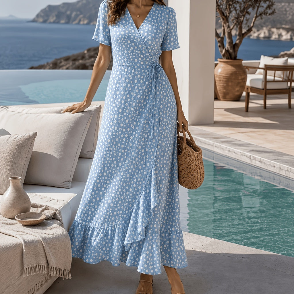 Elegant V-neck Wrap Maxi Dress with Waist Tie and Asymmetric Hem