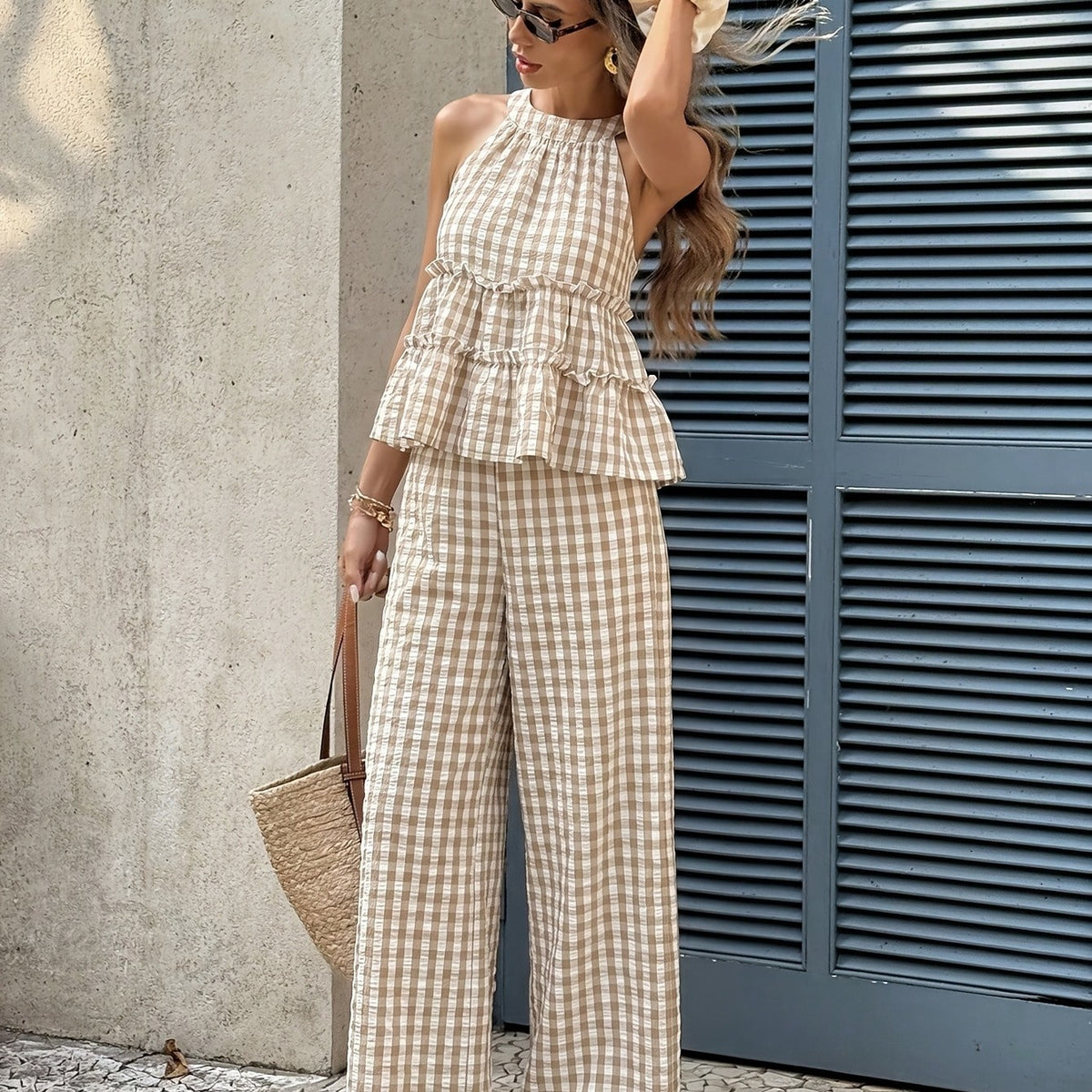Sleeveless Ruffle Top & Wide-Leg Checked 2‑Piece Set