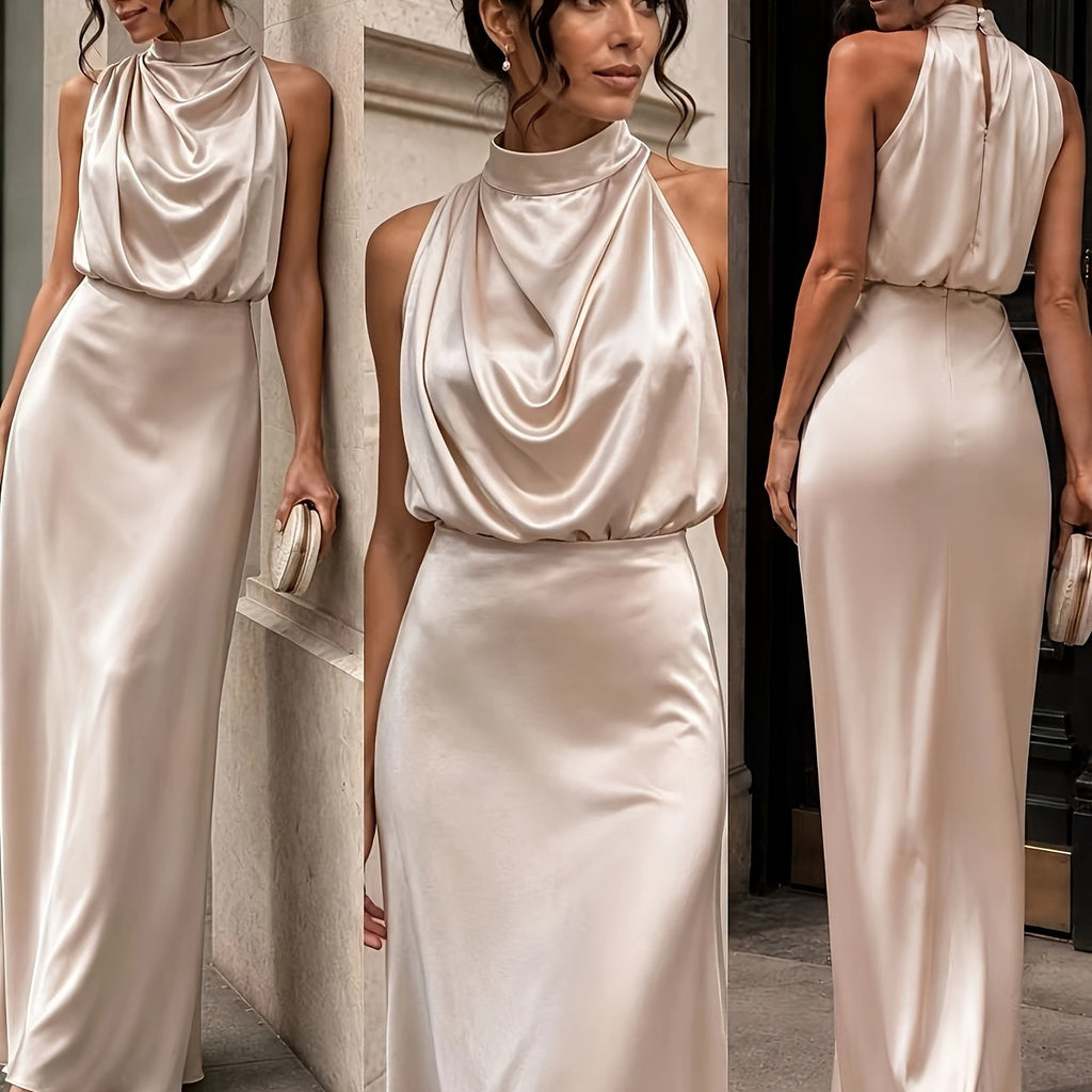 Halter-Neck Satin Long Dress — Backless Draped Evening Gown