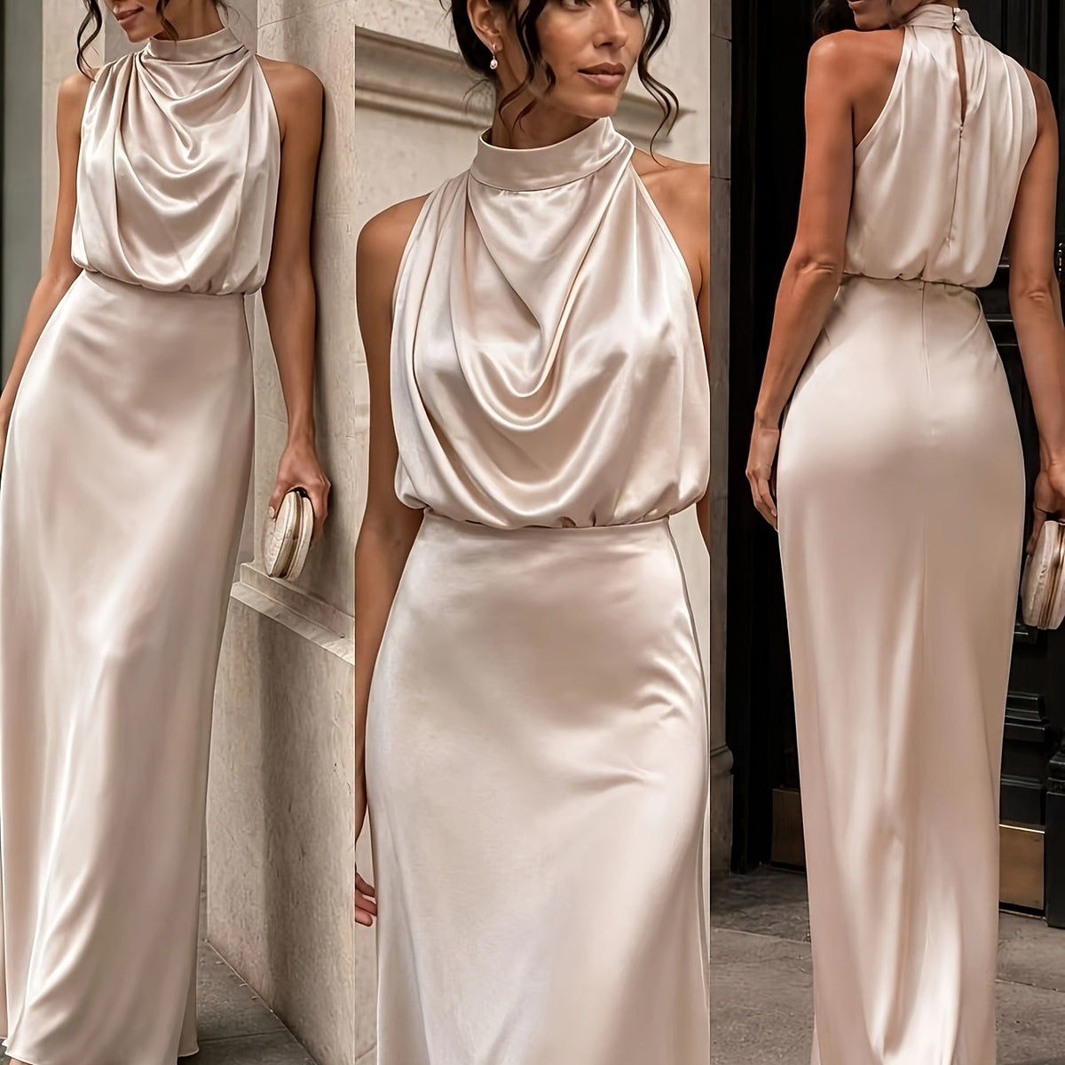 Halter-Neck Satin Long Dress — Backless Draped Evening Gown