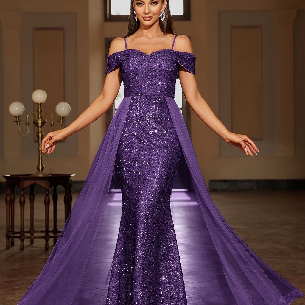 Strapless Sequin Gown with Spaghetti Straps and Tulle Skirt