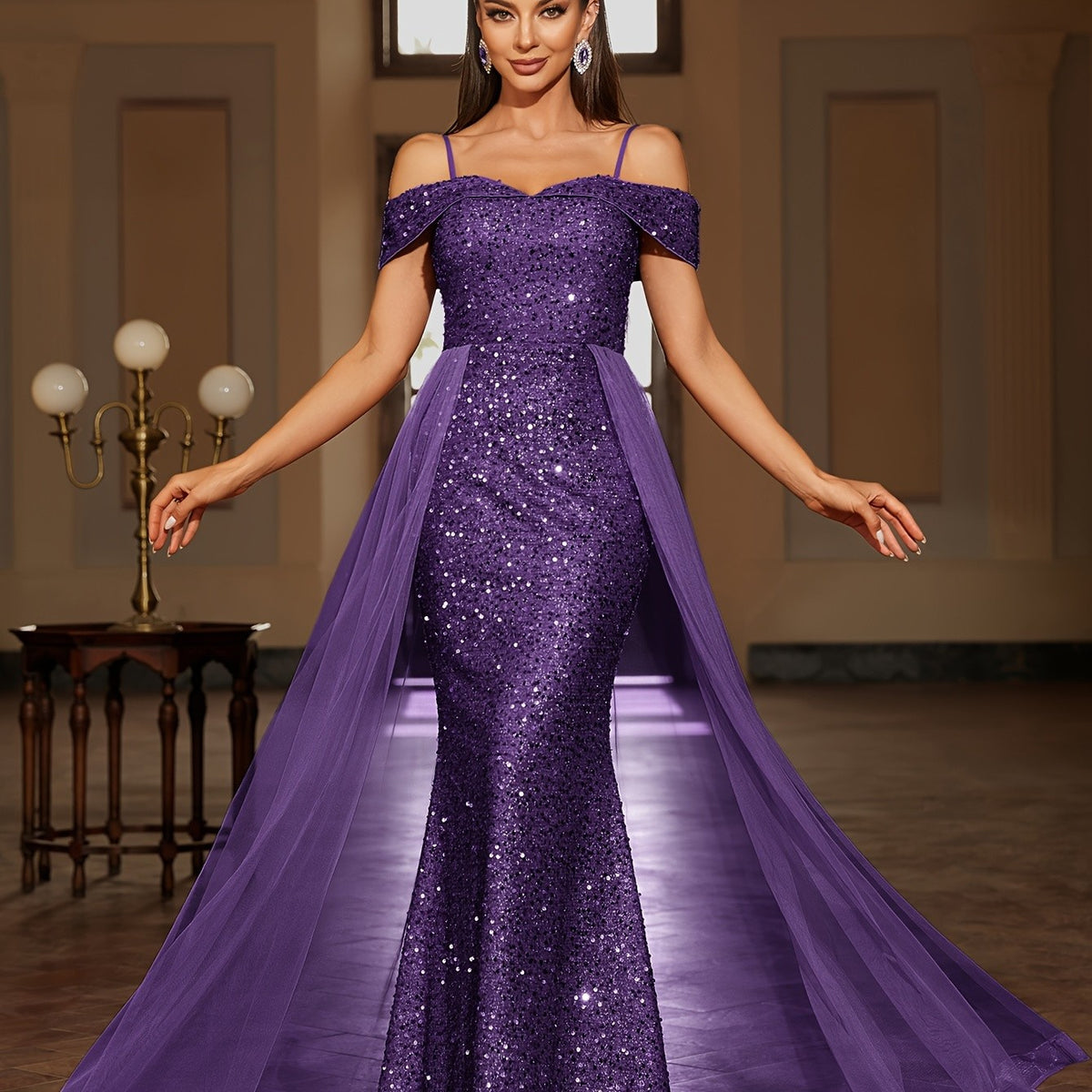 Strapless Sequin Gown with Spaghetti Straps and Tulle Skirt