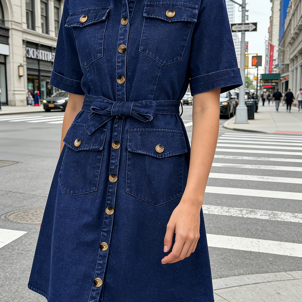 Sleek Denim Dress with Straps, Buttons and Pockets