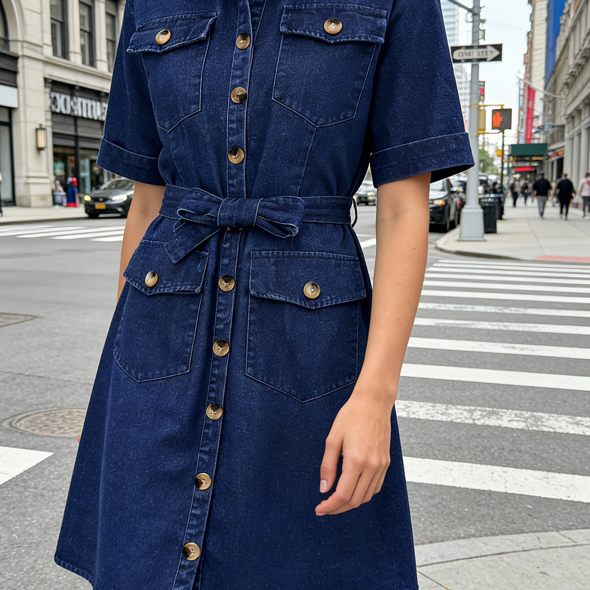 Sleek Denim Dress with Straps, Buttons and Pockets
