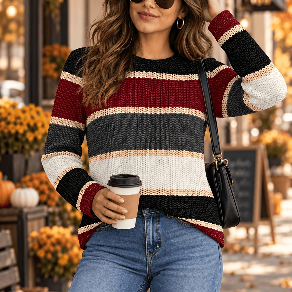 Retro Colorblock Striped Chunky Knit Sweater
