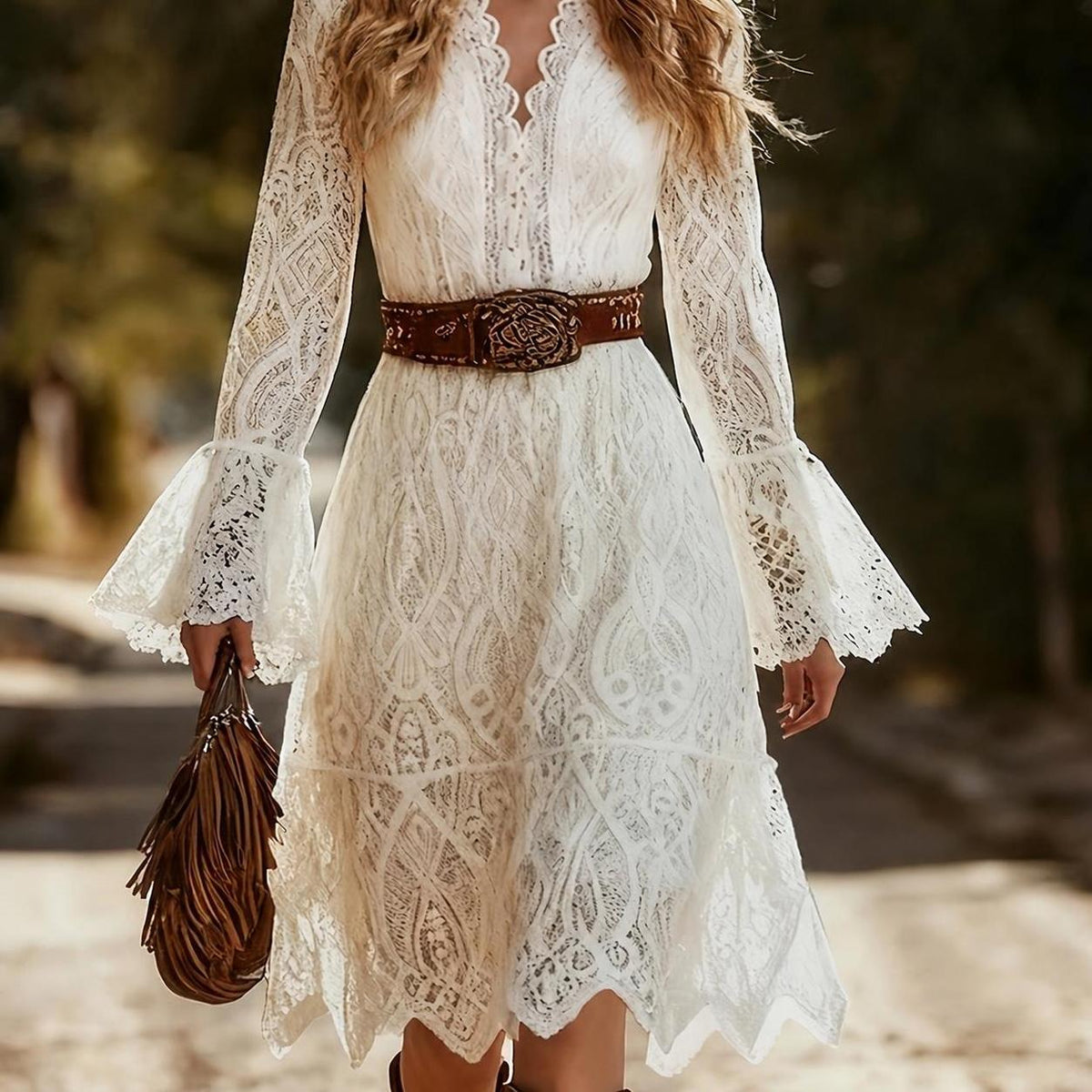 Women's Mid-Length Western Lace Dress with V-Neck
