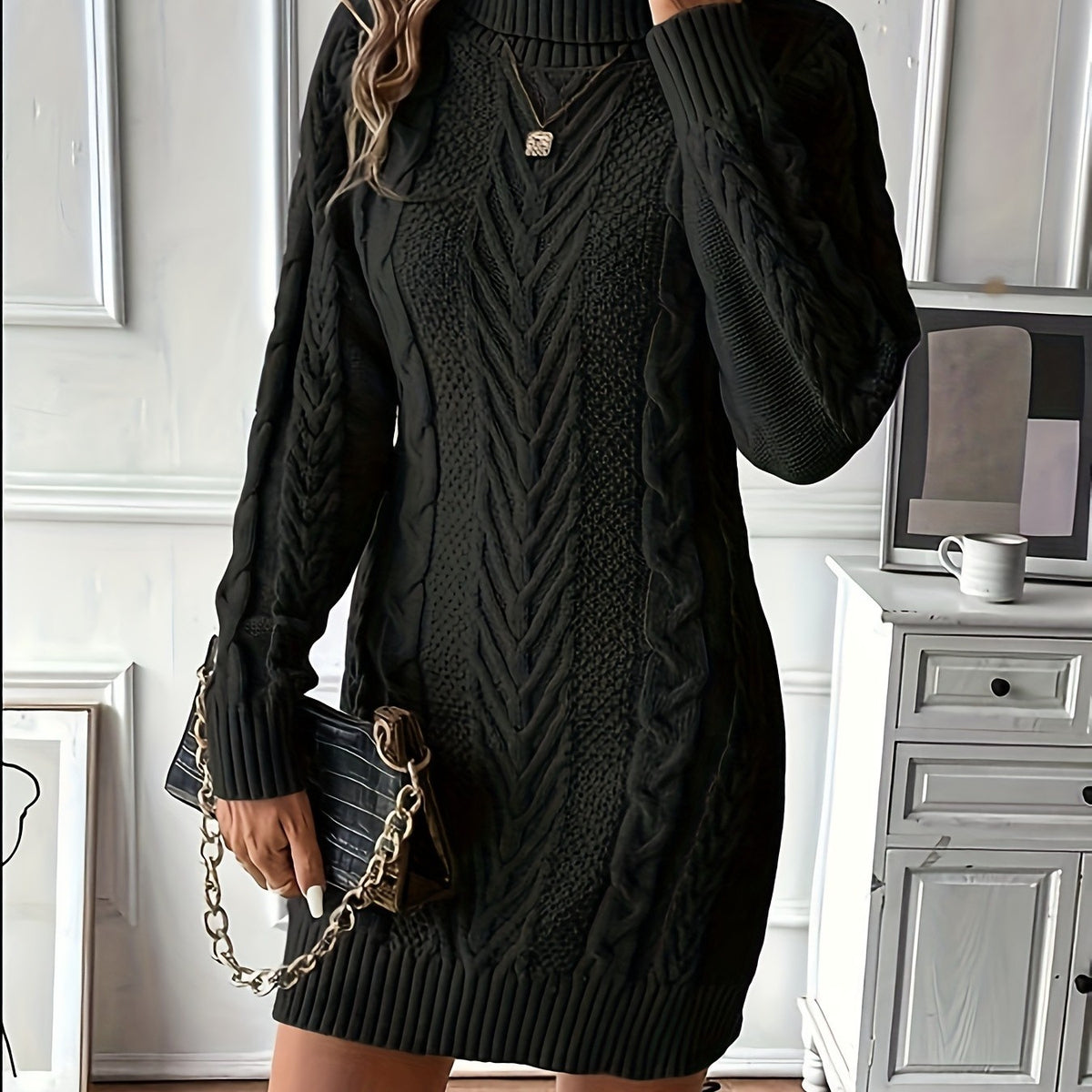 Cable Knit Women's Sweater Dress — High Neck, Long Sleeves