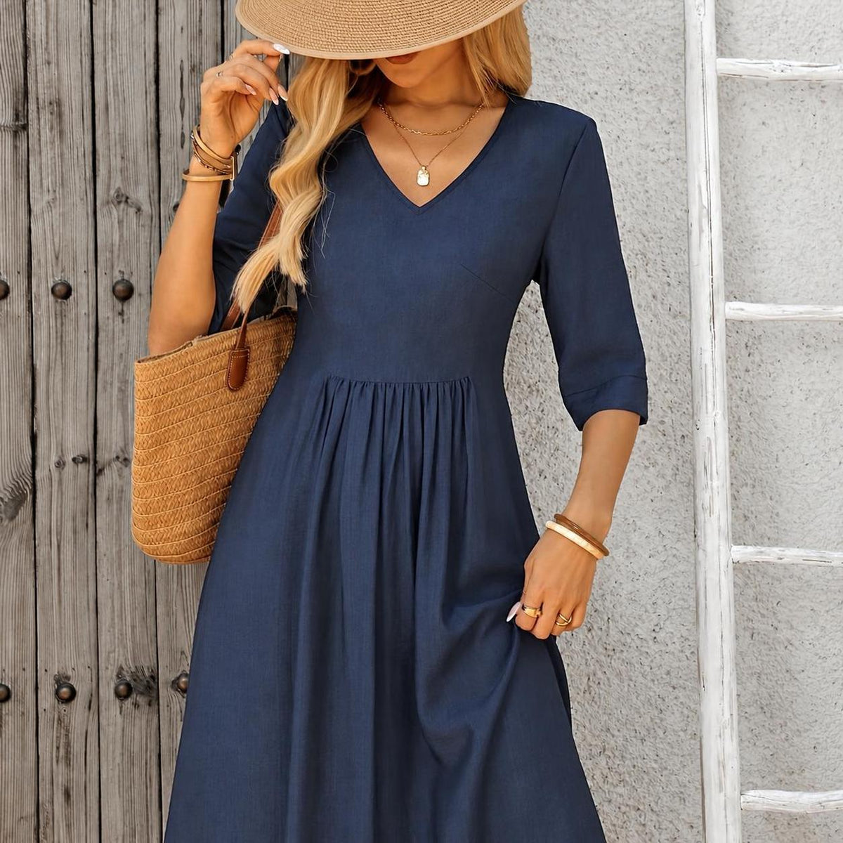 Women's All-Season V-Neck Pleated Midi Dress