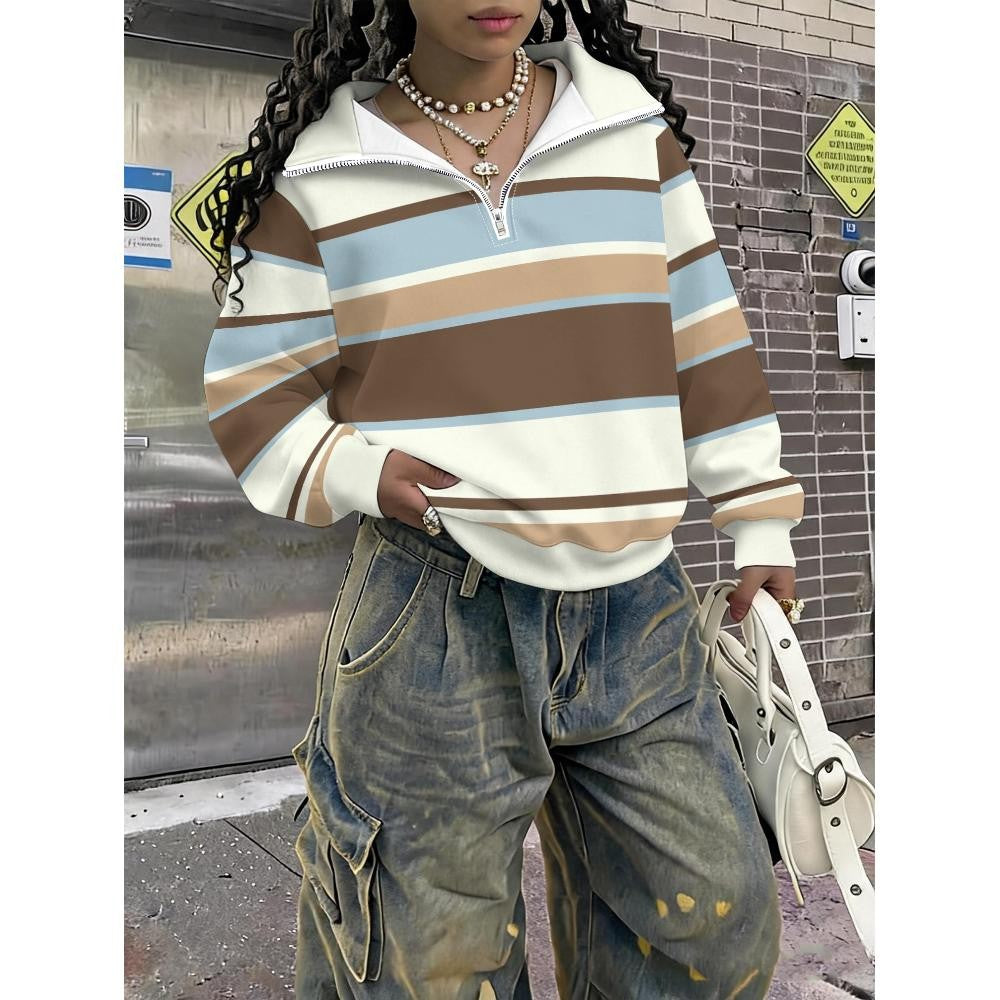Women's Relaxed Earth-Toned Striped Half-Zip Sweatshirt