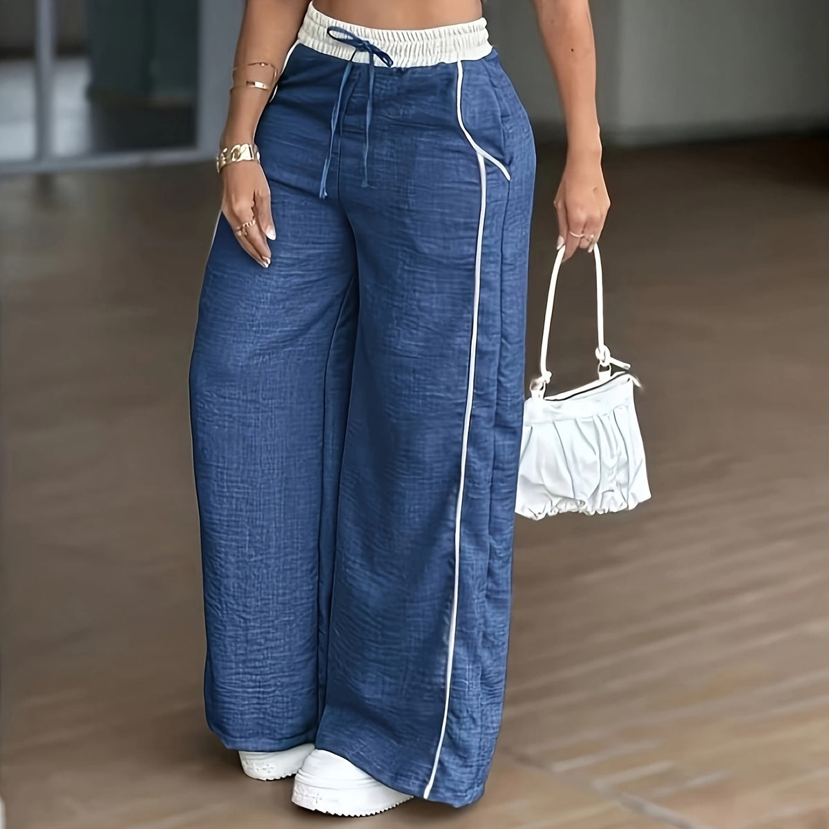 High-Waist Wide-Leg Casual Pants with Elastic Waistband