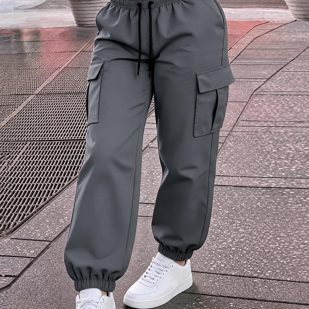 Women's Solid Cargo Joggers with Drawstring & Elastic Waist