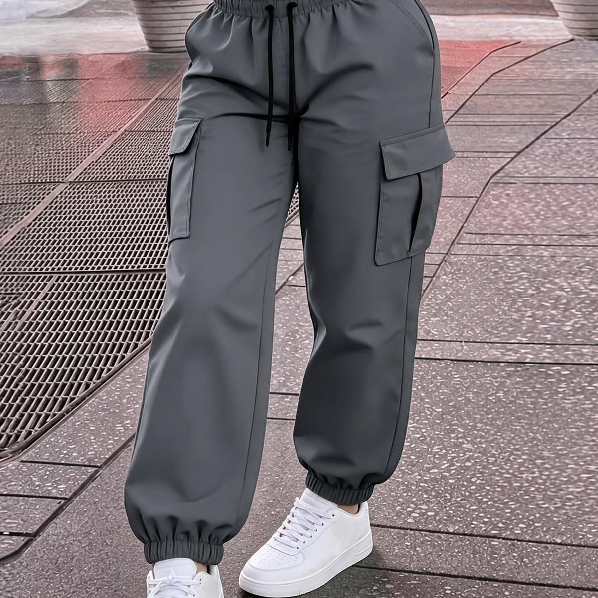 Women's Solid Cargo Joggers with Drawstring & Elastic Waist