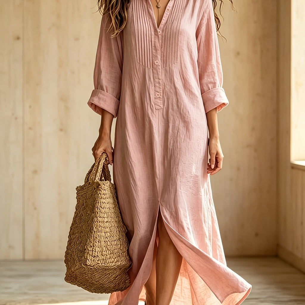 Women's Bohemian Buttoned Long-Sleeve Maxi Shirt Dress