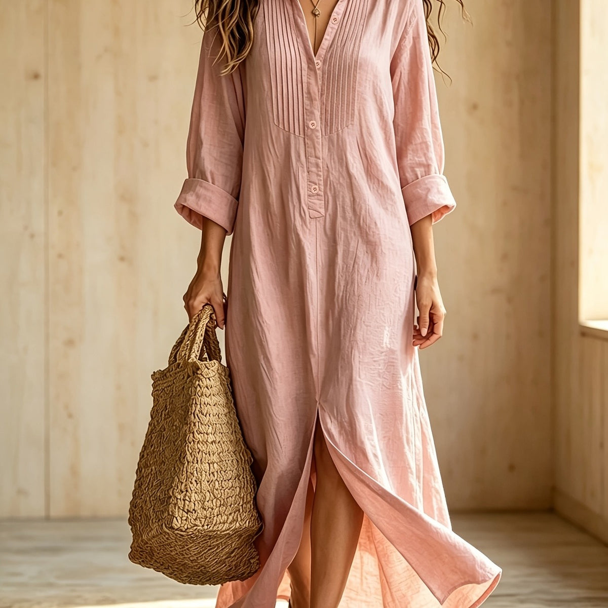Women's Bohemian Buttoned Long-Sleeve Maxi Shirt Dress