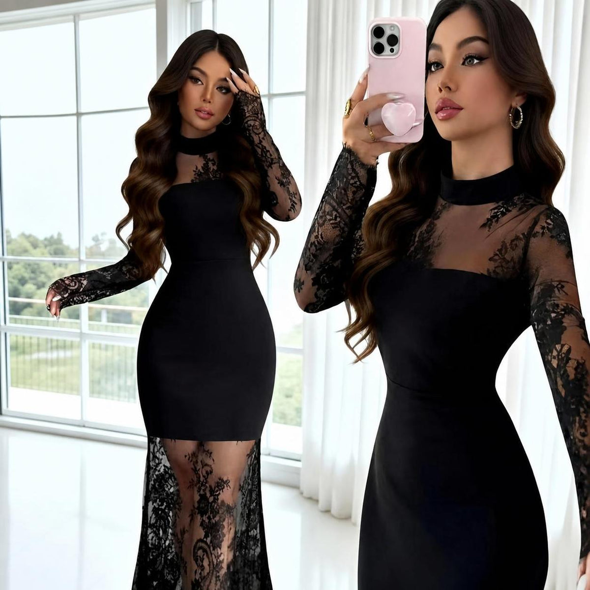 Elegant Black Floral Lace Long-Sleeve Bodycon Mermaid Dress