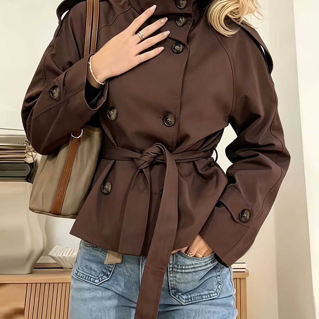 Women's Short Double-Breasted Trench Jacket with Belt